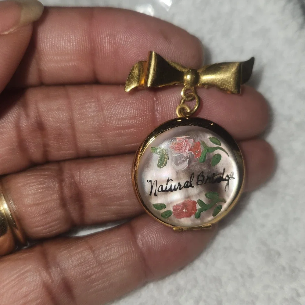 Vintage Natural Bridge Virginia Souvenir Locket Brooch Gold Tone Bow Rose Floral